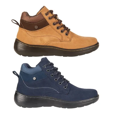 Kit de 2 pares de botines de mujer de tipo confort, con acabado gamuza, colores azul y camel, mod. 1345667