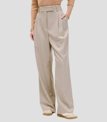 Pantalón arena a rayas wide leg tiro alto con pinzas Mujer