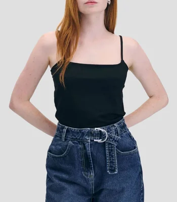 Top Negro De Punto Escote Cuadrado Con Tirantes Mujer