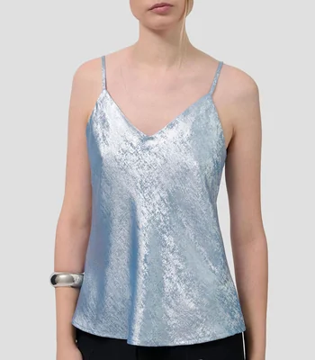 Top cuello V sin mangas metalizada Mujer