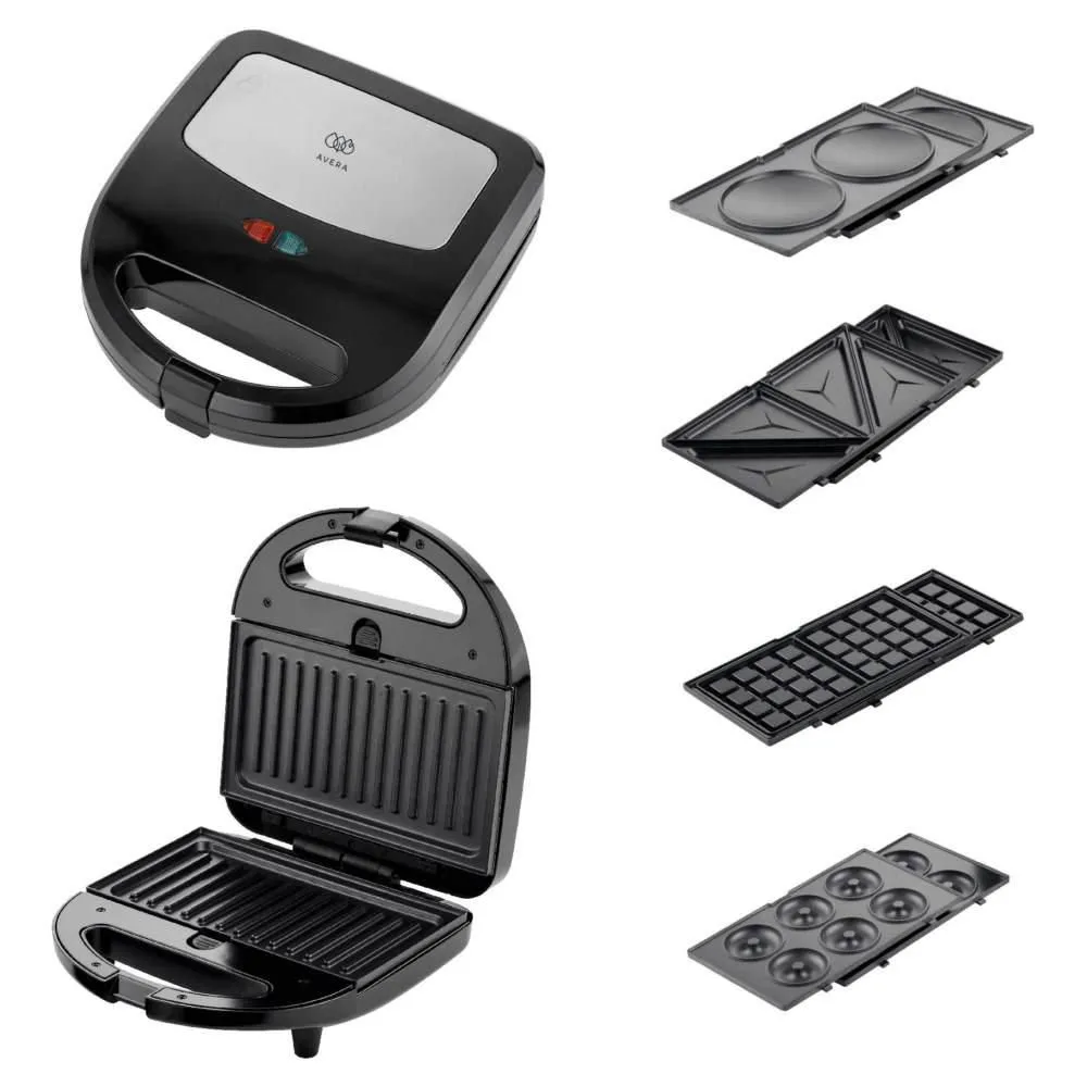 Sandwichera 5 en 1 waffles, hot cakes, sandwiches, donas y paninis Avera SW01