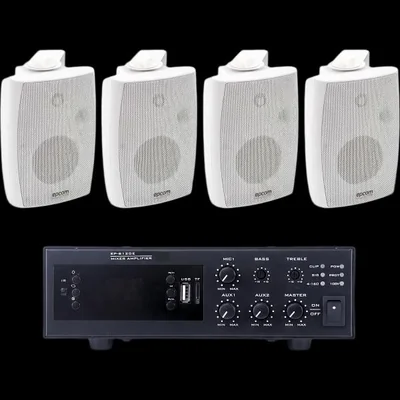 KIT de Amplificador de 120W para Escritorio | 4 Altavoces de Pared color Blanco 2.5W - 20W | Sistema 70/100V