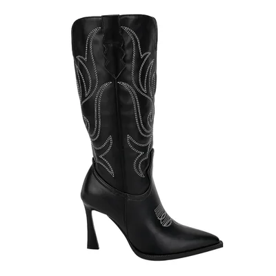 Bota de vestir, de tipo vaquero, con tubo bordado, puntal, tacón delgado y alto, acabado napa, color negro, mod. 1313615