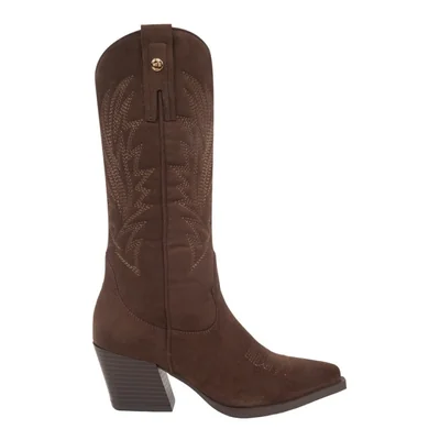 Bota de mujer, larga, de tipo vaquero, con tubo bordado, acabado ante, color café, mod. 1318441