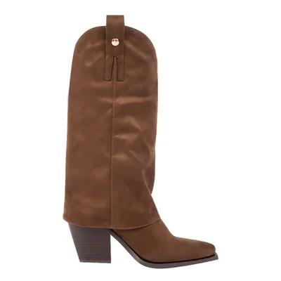 Botas de mujer, de tipo texano, con tubo fold, acabado ante, color café, mod. 1318440