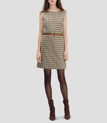 Vestido de lana silueta h paño de cuadros multicolor con cinturón Mujer