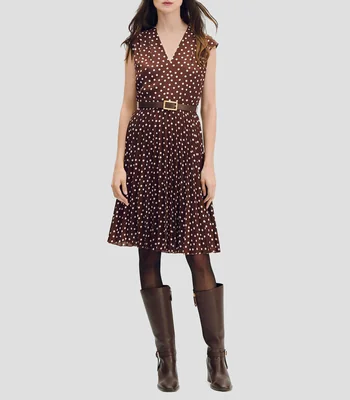 Vestido midi plisado cocoa de lunares escote V con pinzas Mujer