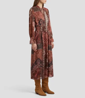 Vestido midi manga larga con estampado Mujer