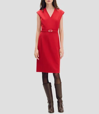 Vestido línea a rojo carmesí con textura escote v cuello simulado Mujer