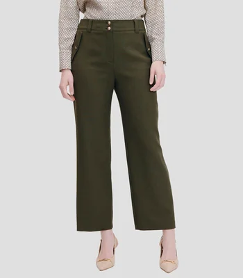 Pantalón recto verde olivo tiro alto doble botonadura bolsillos cartera Mujer