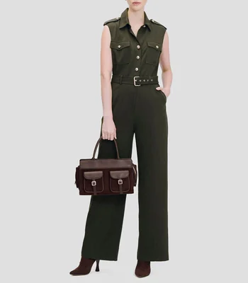 Jumpsuit recto fluido de punto verde bosque con cinturón estilo militar Mujer