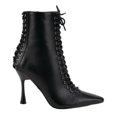 Bota de mujer, de vestir, con cordones, puntal, acabado napa, tacón alto y delgado, color negro, mod. 1317086