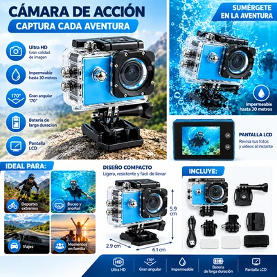 Cámara Deportiva Acción Acuática Ultra HD Sumergible Kit de Accesorios Color Azul