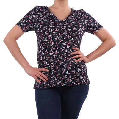 Playera Escote V Plisado Floral Michel Rene para Mujer