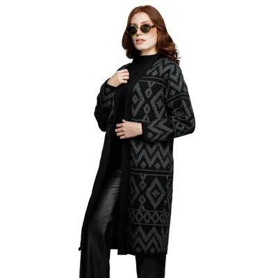 Cardigan largo para Dama en tejido de punto con Estampado étnico Negro/Gris