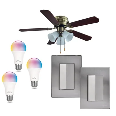 Kit ventilador funcional café 3 velocidades 5 aspas 2 placas apagador linea inox 3 modulos plata y 3 focos inteligentes led de regalo