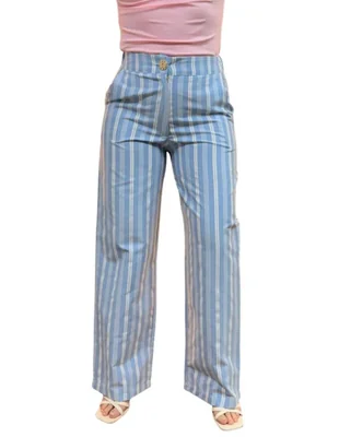Pantalon Para Dama Casual Bolsa Cremallera Y Elastico Rayado AZUL