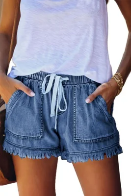 Shorts de denim YOCUR L azul con flecos estilo casual para mujer