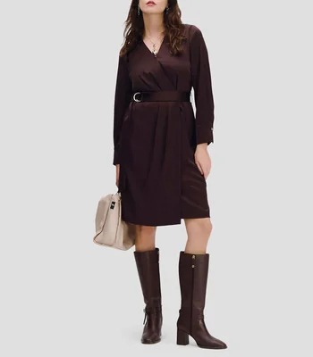 Vestido envolvente de satín alforzas y banda Mujer