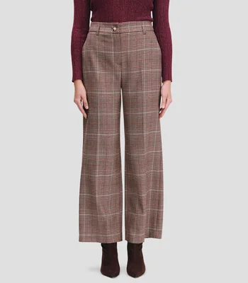 Pantalón wideleg tiro alto a cuadros Mujer