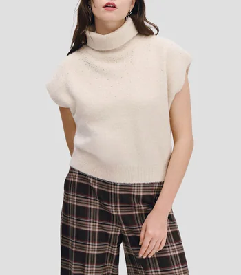 Chaleco tejido efecto Mohair con pedrería cuello tortuga Mujer