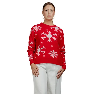 Suéter Navideño para Dama en tejido de punto color Rojo con Copos de Nieve