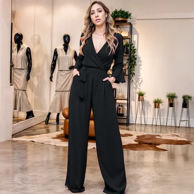 Mono largo mujer XALLY 2546 elegante, manga larga, escote en V, diseño entrecruzado, cinturón, pierna ancha y bolsillos