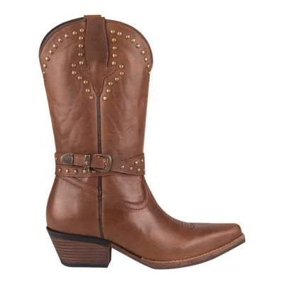 Bota de mujer, de estilo vaquero, de piel, con tacón bajo y ancho, acabado crazu, color cognac, mod. 1345288