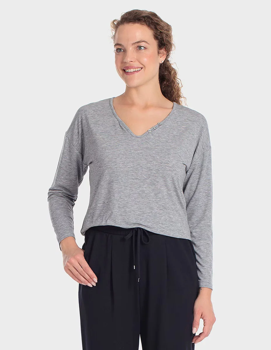 Playera manga larga cuello v para mujer