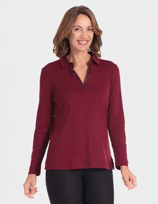 Playera manga larga cuello polo para mujer