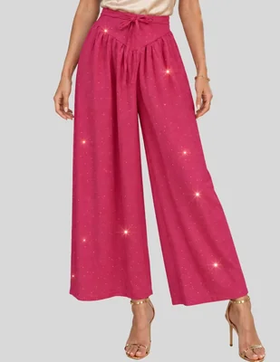 Pantalón Pantalón de Pierna Ancha con Brillos Tiro Alto y Lazo Elegante y Sofisticado para Mujer Acampanado para mujer