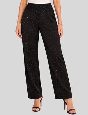 Pantalón Pantalón Wide Leg Verde Salvia con Destellos Brillantes y Cintura Elástica Recto para mujer