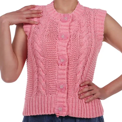 Chaleco Tejido Botones Florales Casual Dex para Mujer
