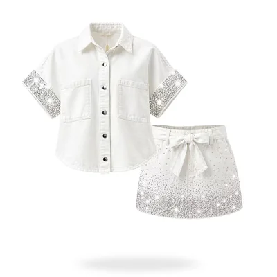 Conjunto Camisa Y Falda De Mezclilla Con Brillos Blanco
