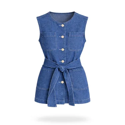 Chaleco Cuello Redondo Con Cinturon Azul