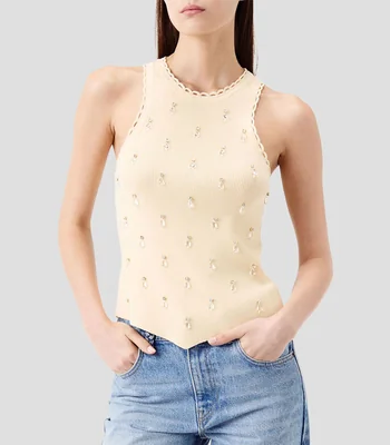Playera cuello redondo sin mangas lisa con pedrería Mujer