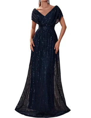 Vestido de lentejuelas azul marino con escote en V y mangas cortas