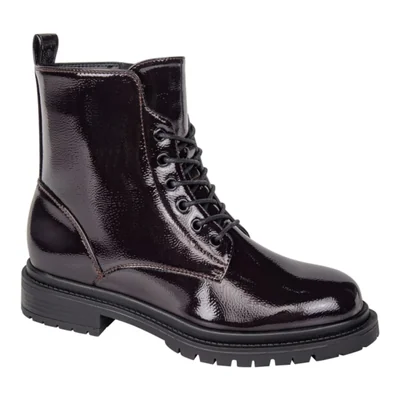 Bota de mujer, de tipo militar, con acabado charol corrugado, color vino, mod. 1341493