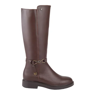 Bota de mujer, estilo ecuestre, larga, con tacón delgado y ancho, acabado flotter, color café, mod. 1344429