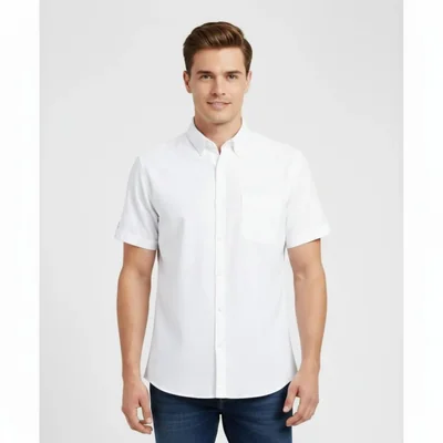 Camisa Michel blanc manga corta blanca bottom down y botón en la bolsa
