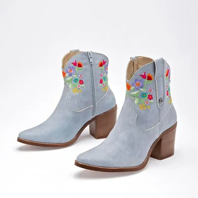 BOTIN VAQUERA MORA TIERRA CORAL AZUL MULTICOLOR TACON 8 cm