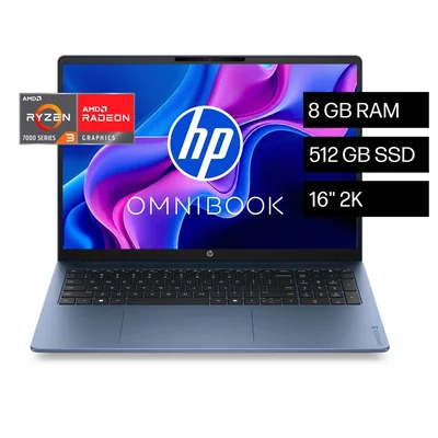 Laptop HP OmniBook 3 16-by0030la, AMD Ryzen 3, 8 GB RAM, 512 GB SSD, 16" 2K, Windows 11 Home