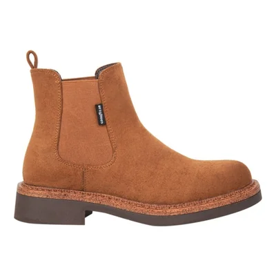 Bota de mujer, tipo Chelsea, con suela track, acabado ante, tacón bajo, color camel, mod. 1333248