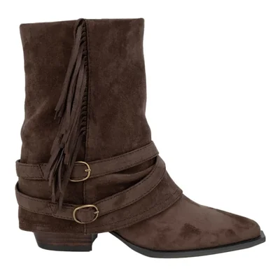 Botas de mujer, cortas, texanas, con flecos, tacón bajo, acabado ante, color café, mod. 1333668