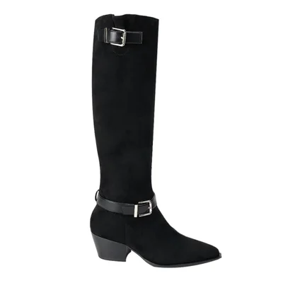 Bota de mujer, larga, tipo texano, acabado ante, tacón bajo, color negro, mod. 1333669