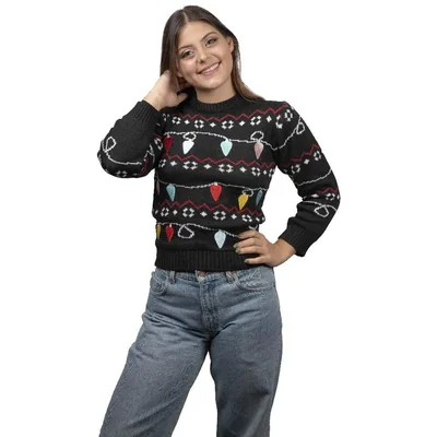 Suéter Focos Navideños REV Suéter Divertido para Mujer, Ugly Sweater Negro Talla Adulto Ideal Fiestas de Navidad