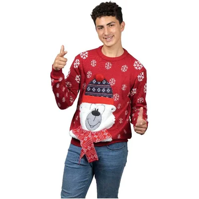 Suéter Oso Polar REV Suéter Divertido para Hombre, Ugly Sweater Rojo Talla Adulto Ideal Fiestas de Navidad