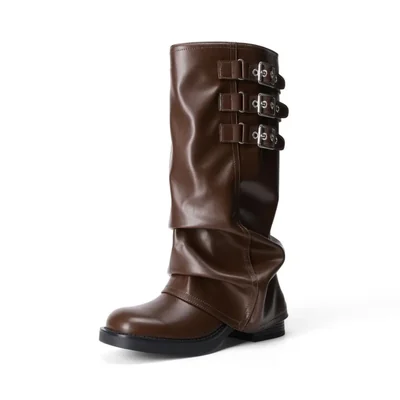 BOTAS DREAM PAIRS Estilo Moto Hasta la Rodilla Marrón 6.5 Plegables