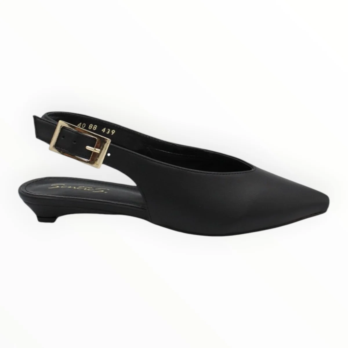 Zapatillas Tipo Slingback Negros De Punta Con Hebilla Dorada Senties