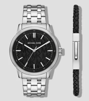 Set de Reloj con Accesorios Reloj y Pulsera para Hombre Wolfe Clásico Plateado Negro